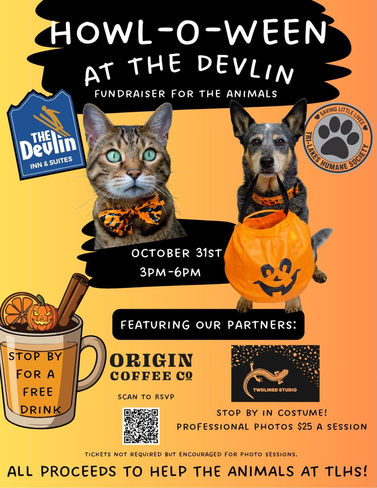 Flyer for Howl-o-ween event at The Devlin with logos, clip art, text, a cat, and a dog holding a pumpkin bucket