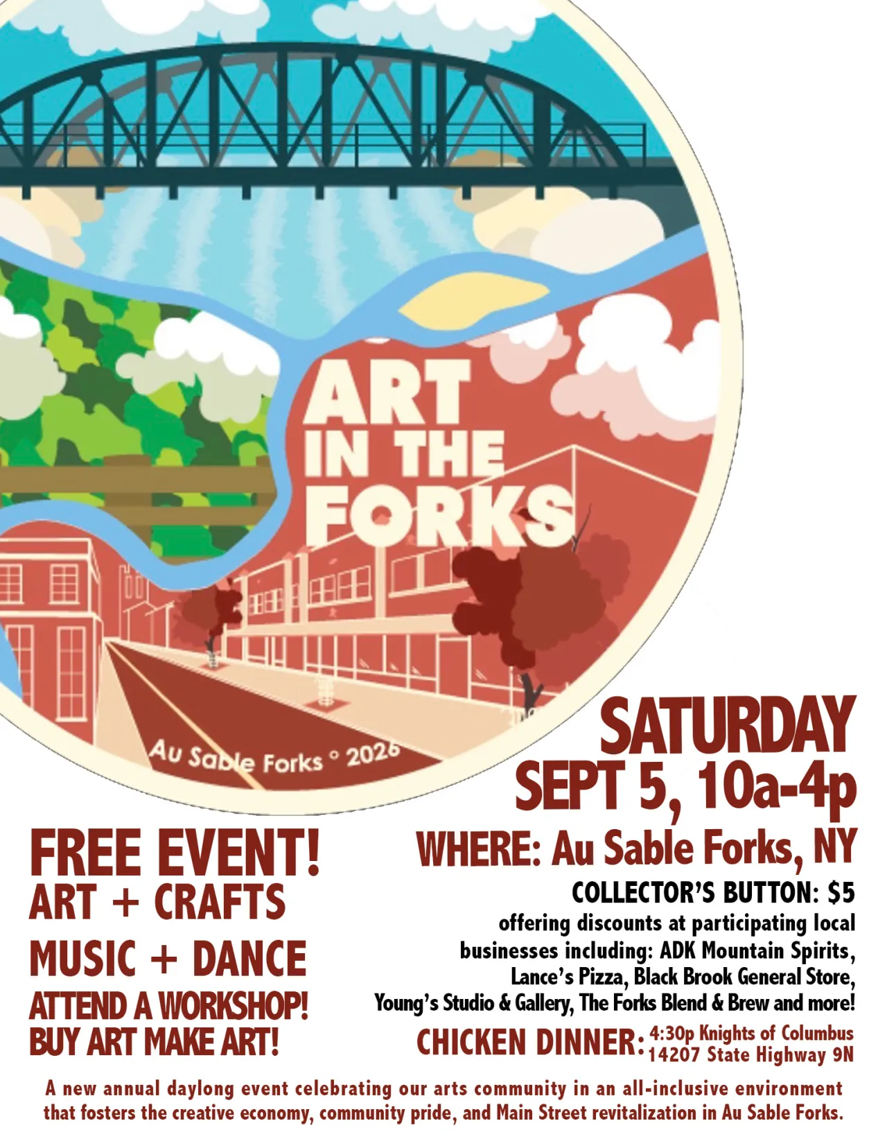 Poster for Art in the Forks event with a circular art graphic of Au Sable Forks and text details about the event