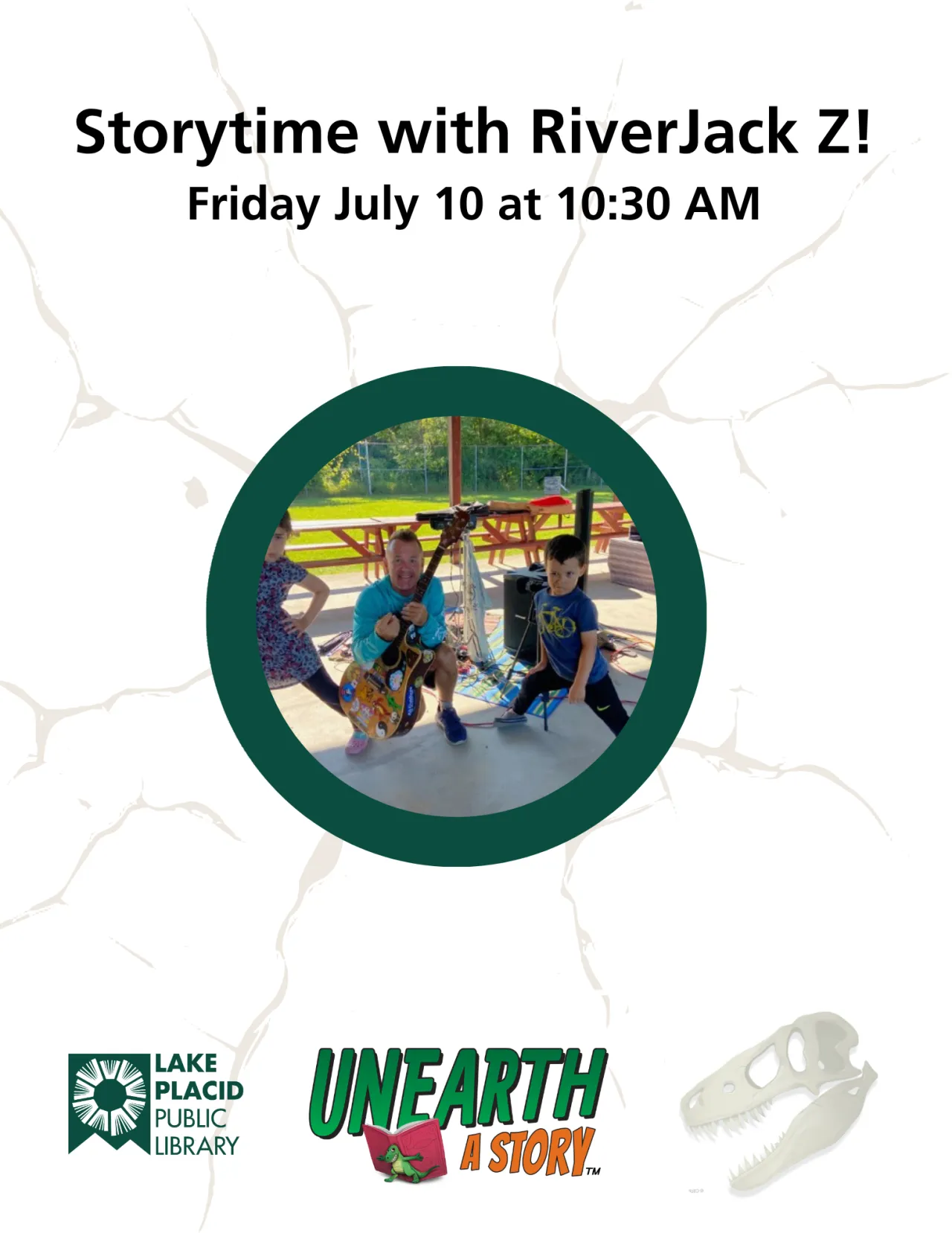 Flyer for Storytime with RiverJack Z at Lake Placid Public Library