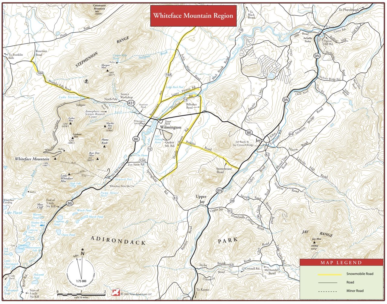Detailed map of snowmobiling routes and trails in the Whiteface Region of New York state.