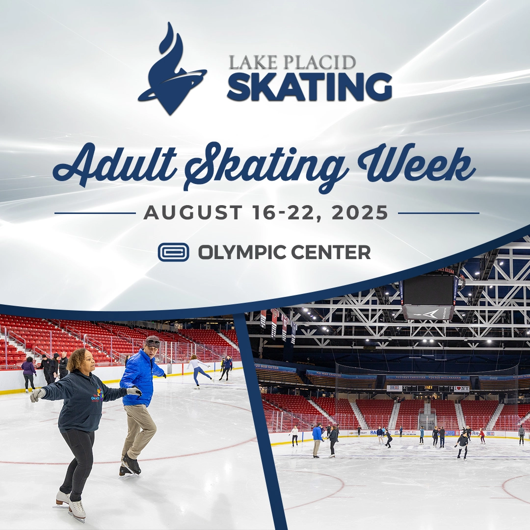 Square graphic for Adult Skating Week with images of people learning to ice skate