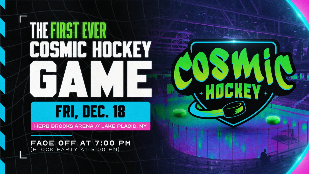 Designed graphic with neon lettering on black background sharing information on Cosmic Hockey game on December 18