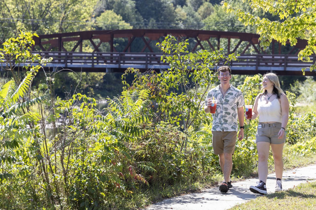 A couple on a walk in the park.