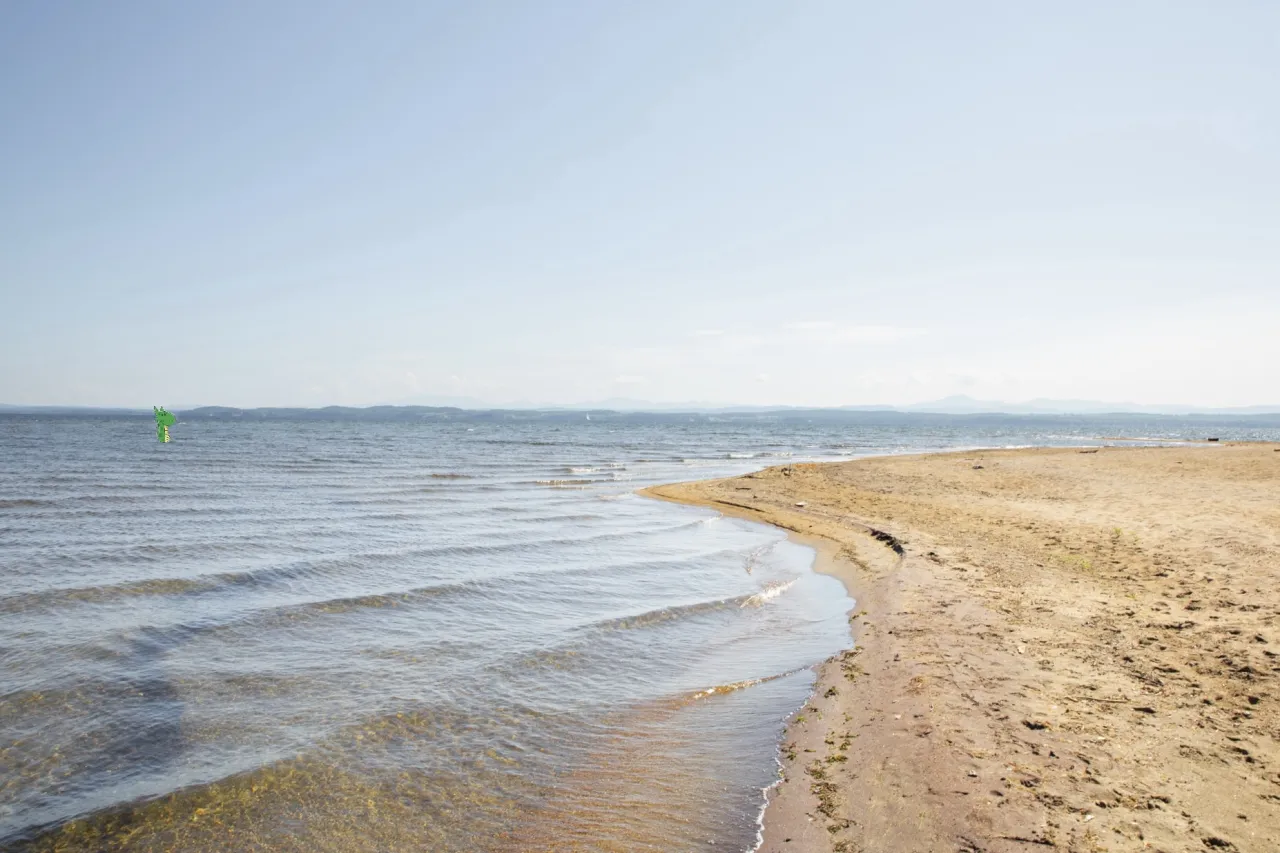 A sandy beach on the right is met by the gentle waves of a lake on the left. A cartoon lake monster peeks out of the water.