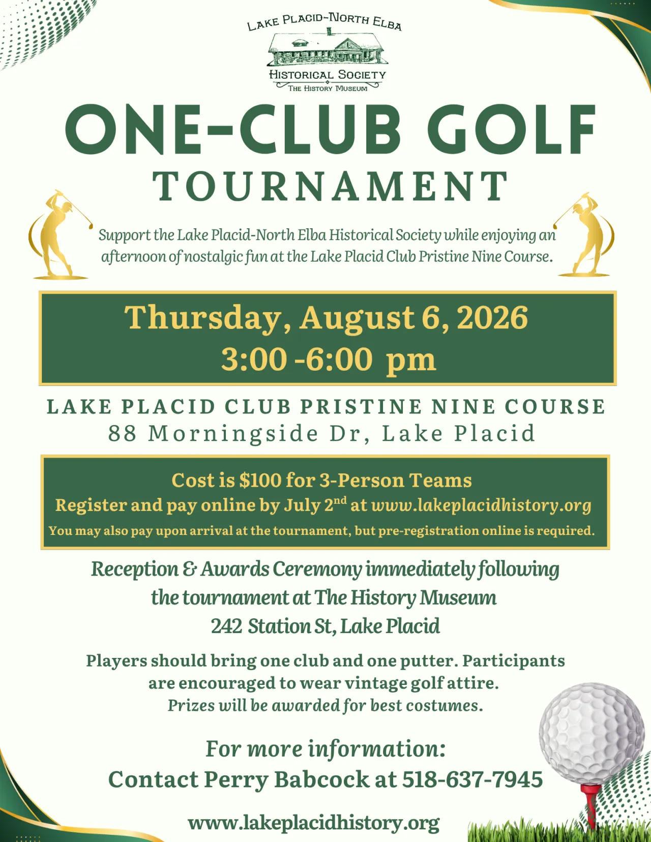 Poster for One Club Golf Tournament at Lake Placid Club Golf Course on August 6