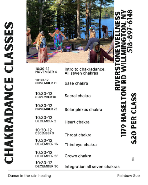 Flyer for Chakradance classes at Riverstone Wellness, listing dates, times, class topics, address, phone number, and price. Includes a photo of people dancing outdoors in a wooded area.
