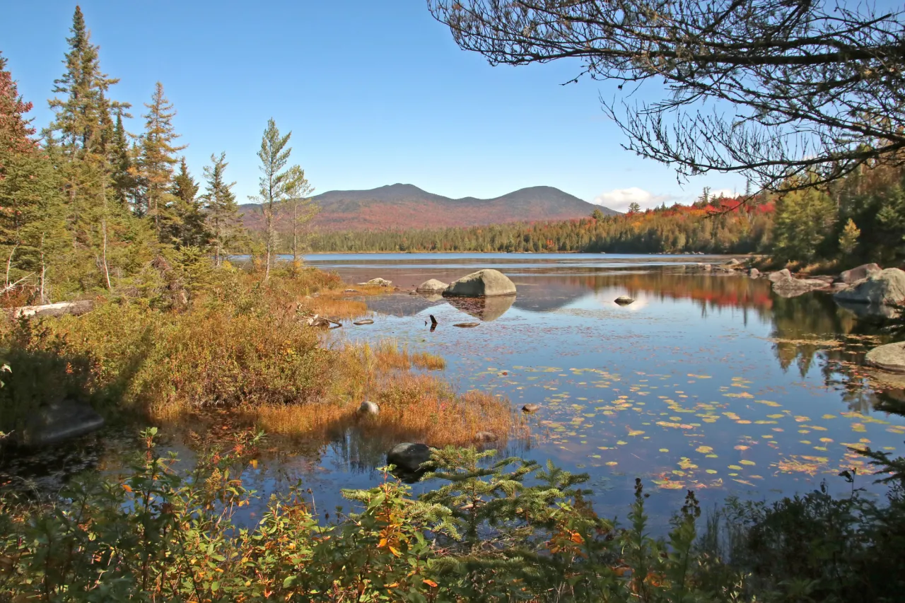 A calm pond on a sunny fall day, surrounded by foliage-covered trees and mountains.