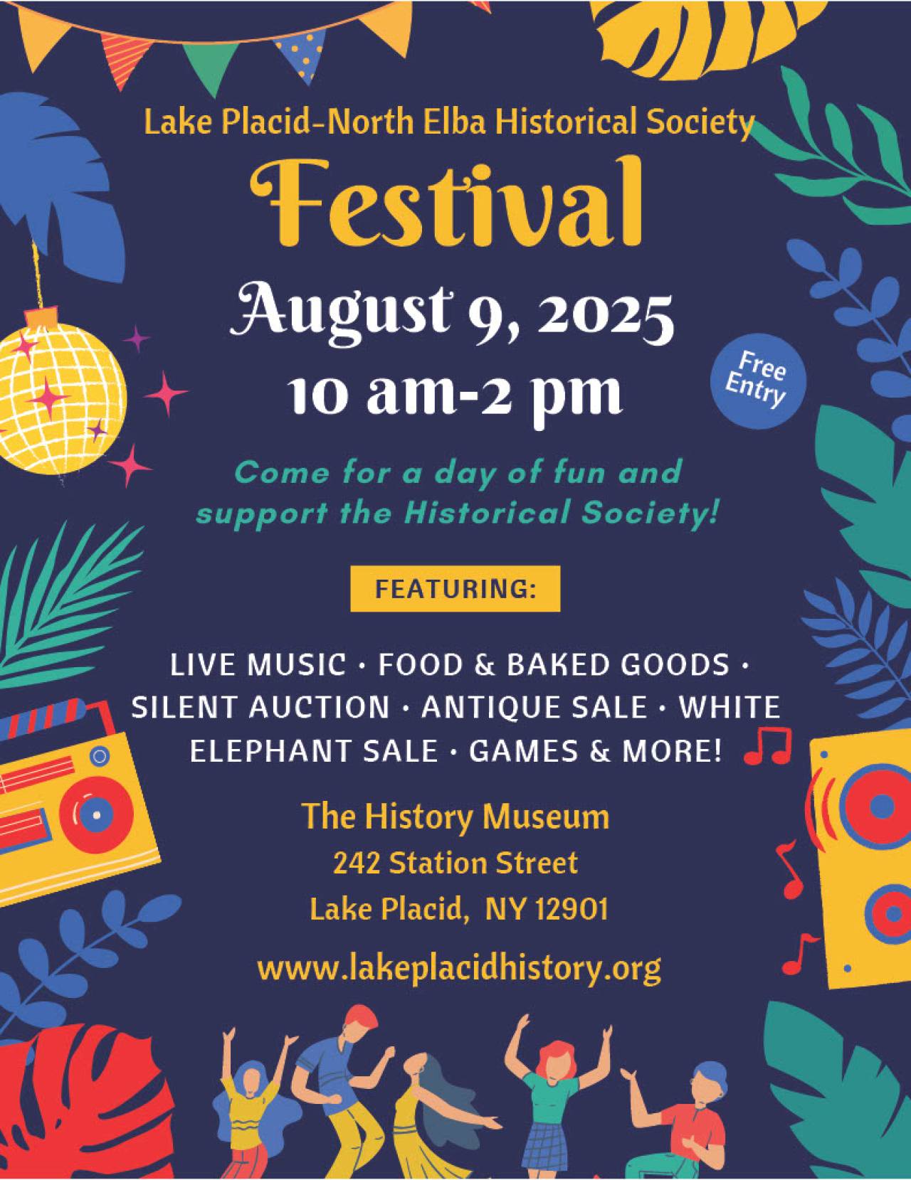 Colorful flyer for 2025 Lake Placid-North Elba Historical Society Festival with cartoon boom boxes, greenery, disco balls, and description of events