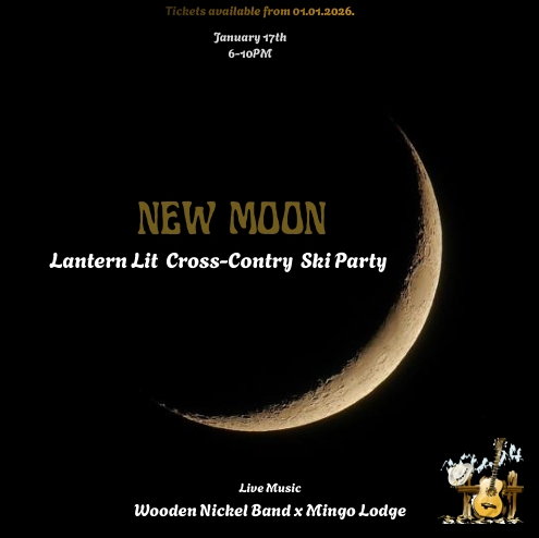 New Moon Cross-Country Ski Party Save the Date graphic with new moon and event details typed on black background