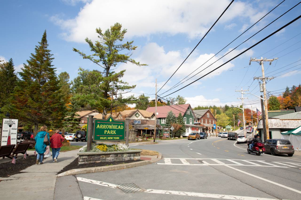 A fall photo of the entrance to Arrowhead Park in Inlet, NY.