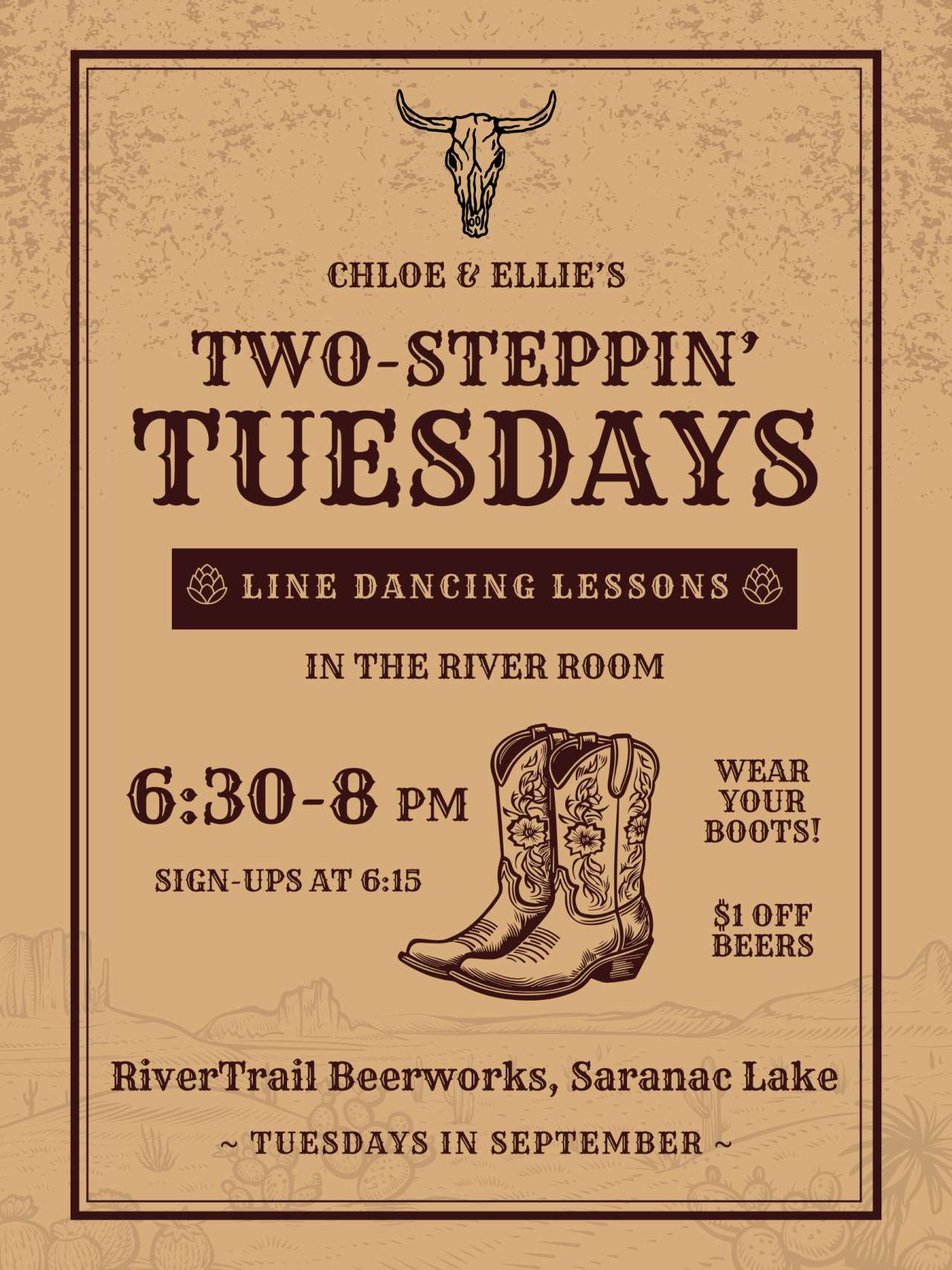 Chloe & Ellie's Two-Steppin' Tuesdays line dancing lessons at RiverTrail Beerworks, Saranac Lake. Tuesdays in September, 6:30-8pm. Sign-ups at 6:15. Wear your boots! $1 off beers.