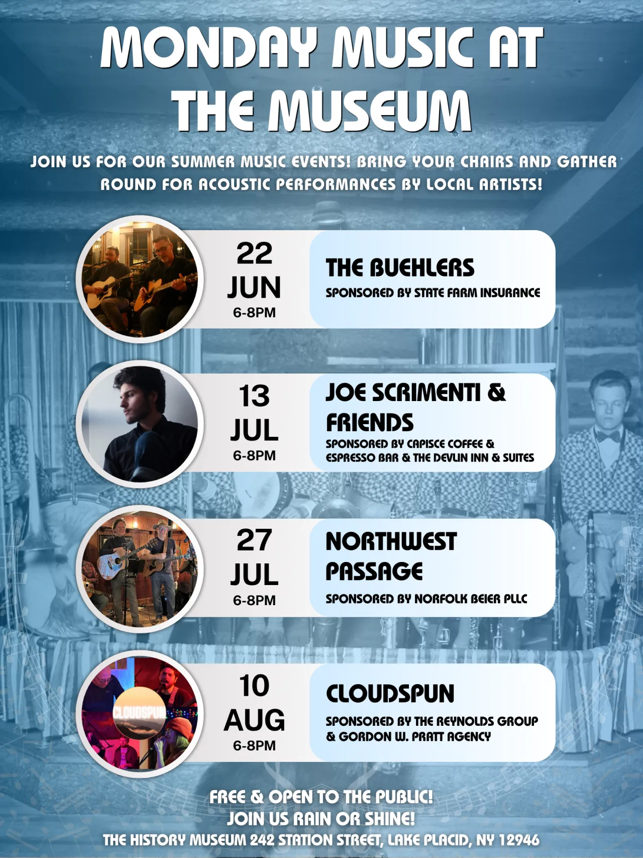Flyer for Lake Placid-North Elba Historical Society & Museum Monday Music at the Museum series for 2026