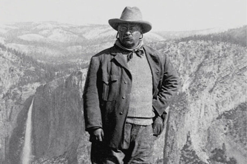 Teddy Roosevelt in front of outdoor scenery.