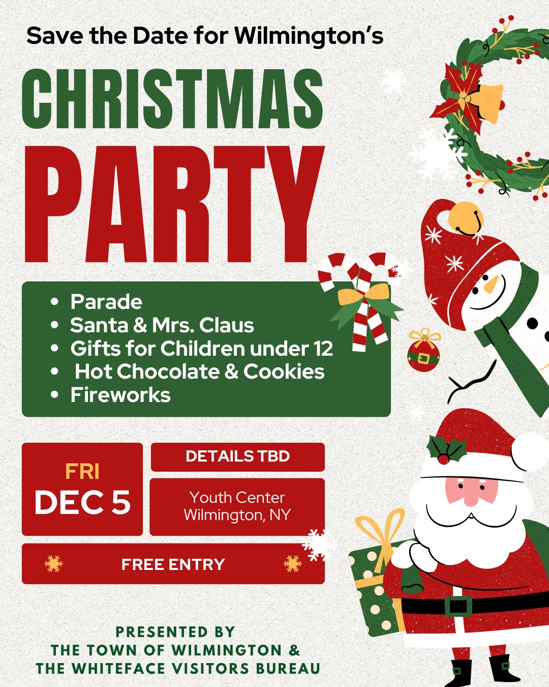 Festive flyer for Wilmington's Christmas Party, featuring Santa, a snowman, wreath, and gift icons. Highlights include parade, gifts, and free entry on Dec 5.