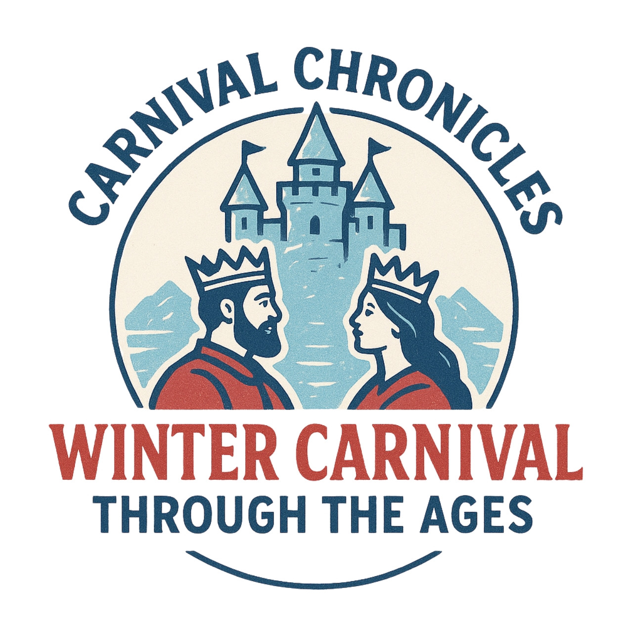 An illustration of a king and queen standing in front of a castle ringed with the words Carnival Chronicles - Winter Carnival through the ages.