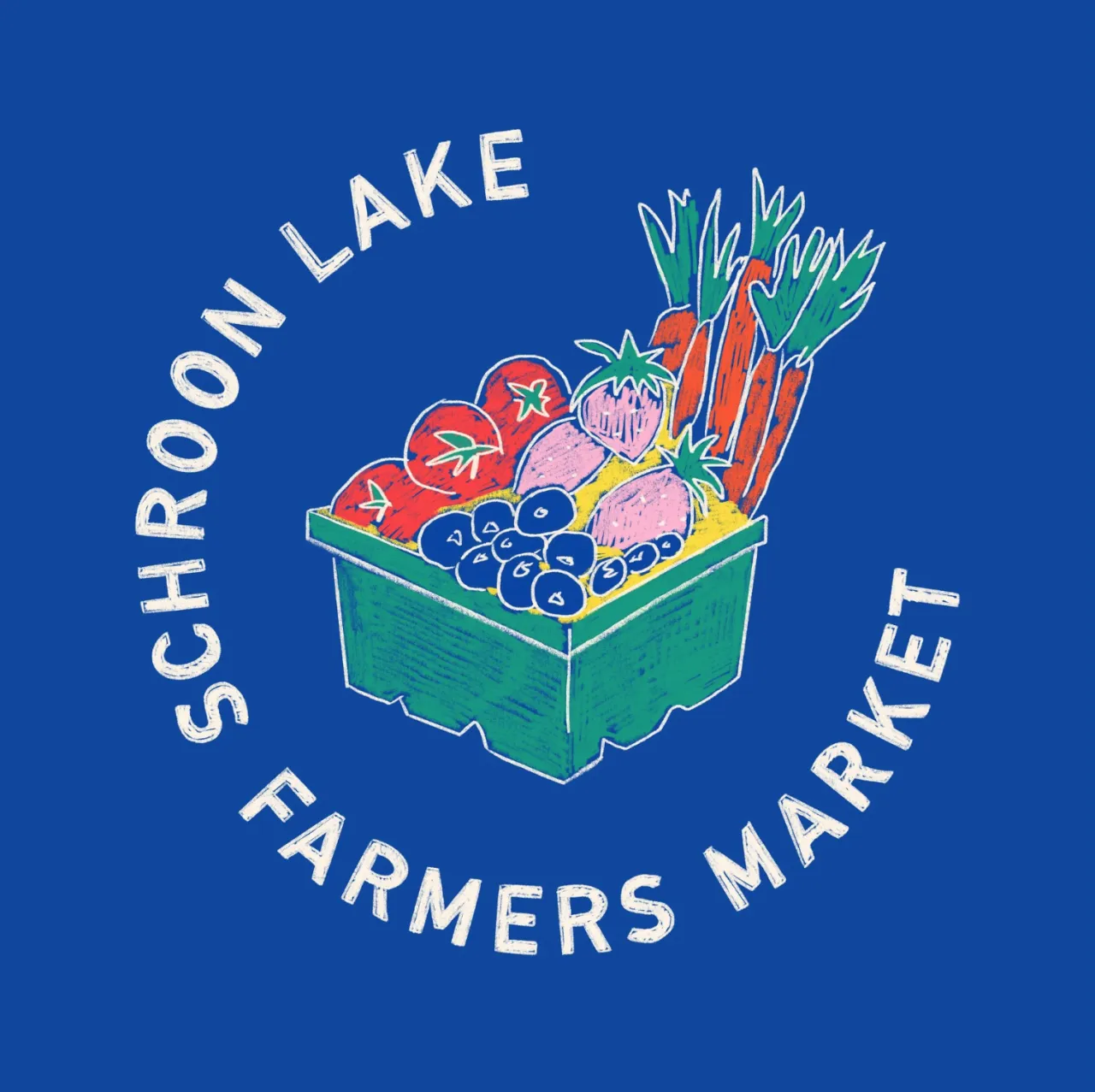 An illustration features a green crate overflowing with produce encircled by text "SCHROON LAKE FARMERS MARKET".