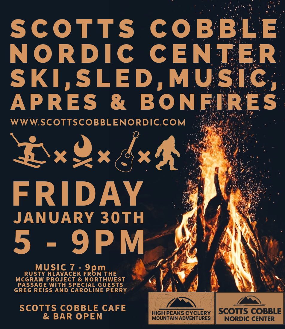 Poster with bonfire on black background and gold text info about skiing, bonfire, and music night at Scotts Cobble Nordic Center