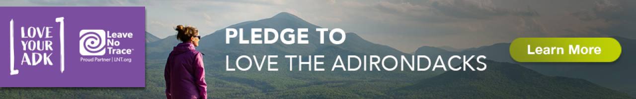 Panoramic photo of a hiker on a summit with the text "Pledge to Love the Adirondacks" laid over the photo.