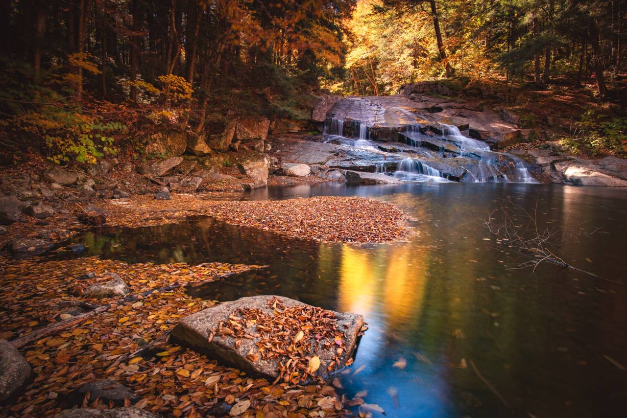 A peaceful waterfall in autumn. 