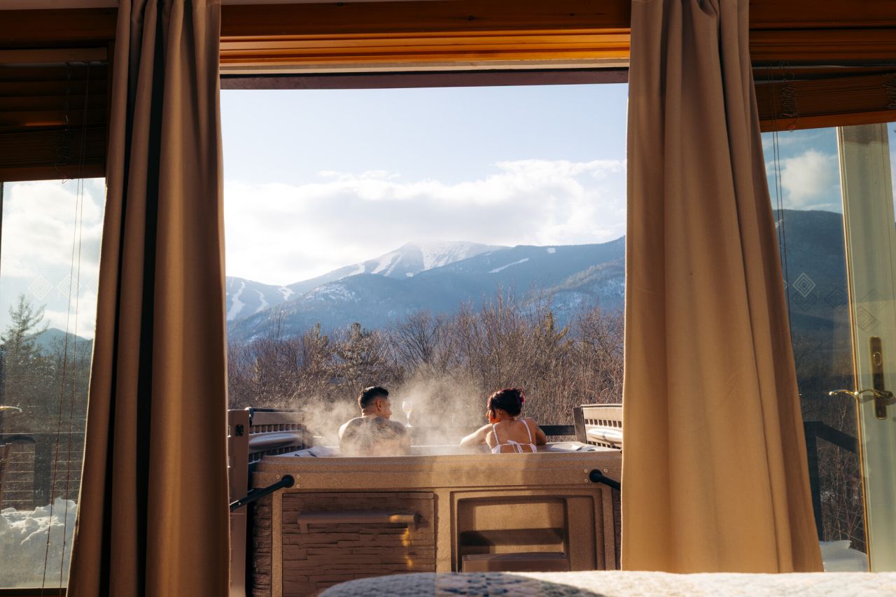 Lodging and hot tub with a view of Whiteface Mountain.