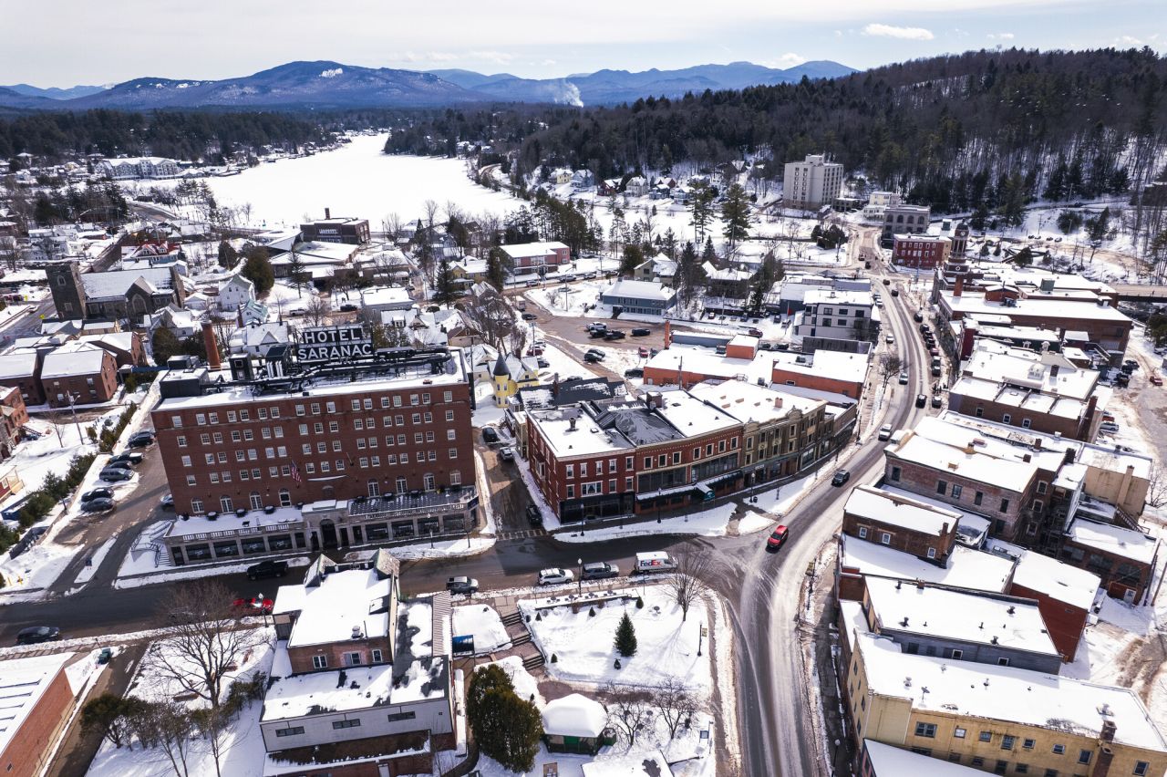 Aerial view of Saranac Lake in the winter