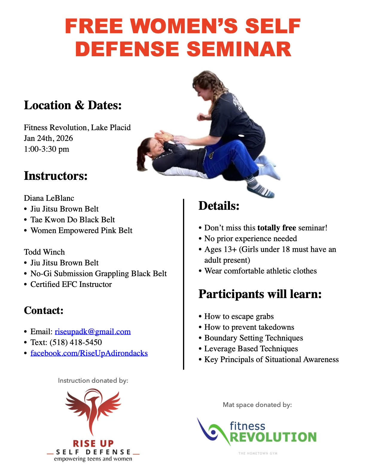 Poster for free Women's Self Defense Seminar at fitness REVOLUTION