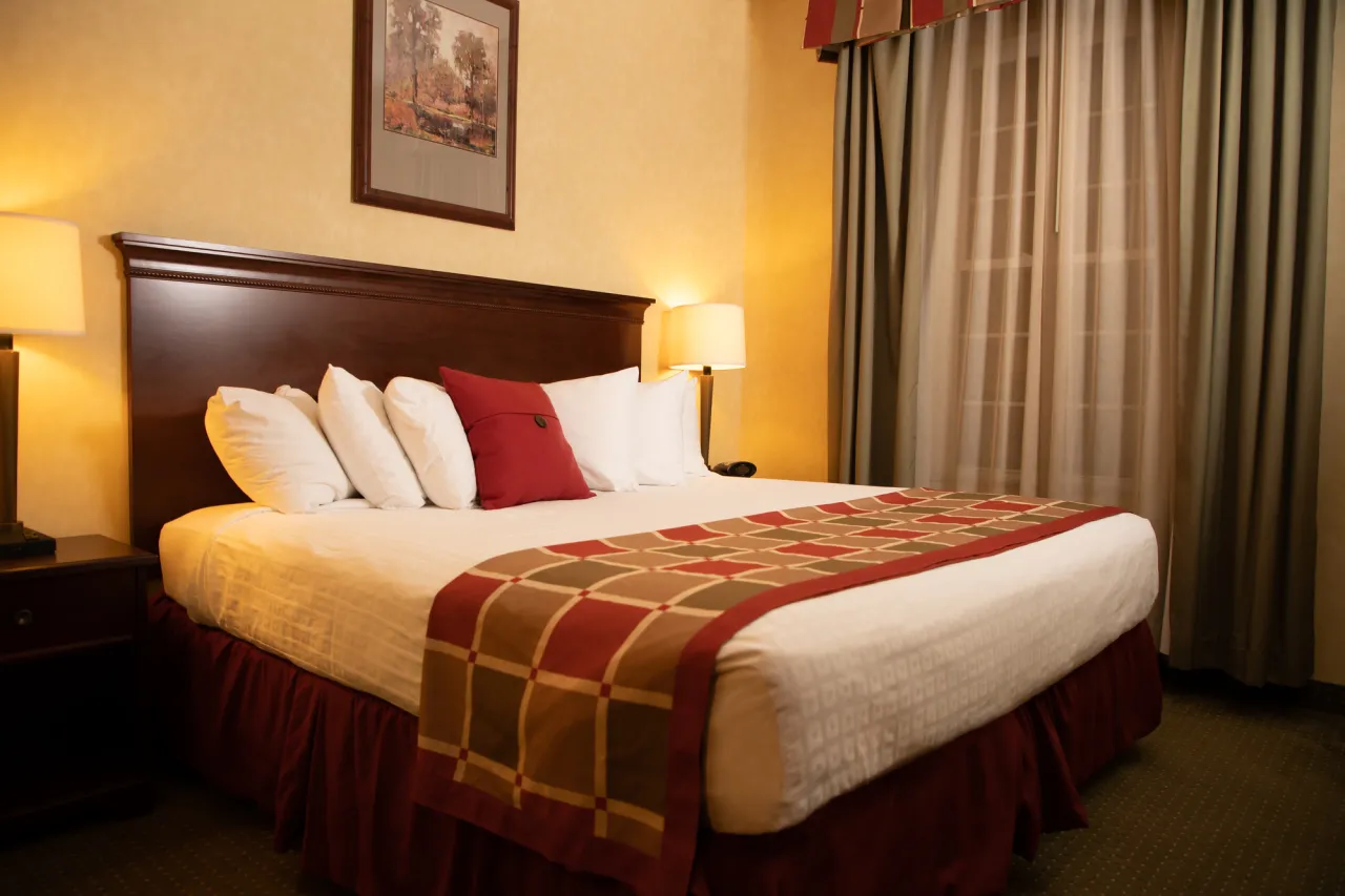 The interior of a hotel room, featuring queen-sized bed with numerous pillows.