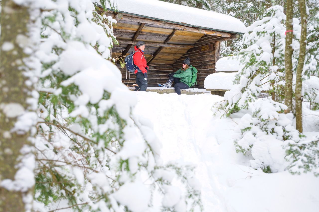 Snowshoeing to a lean to in Saranac Lake.
