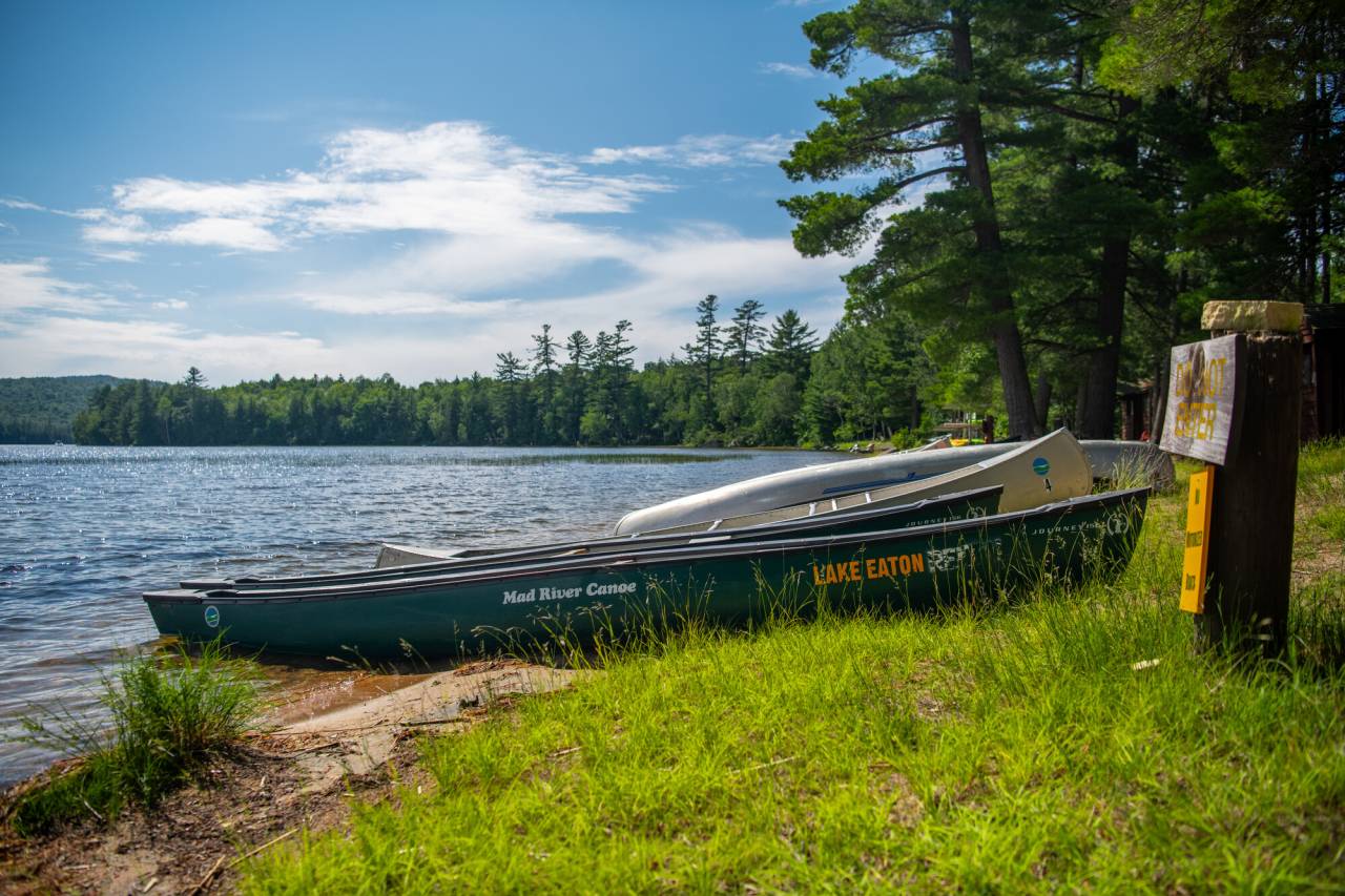 Canoes rest on the shore of a sparkling lake, with evergreen trees lining the shoreline.