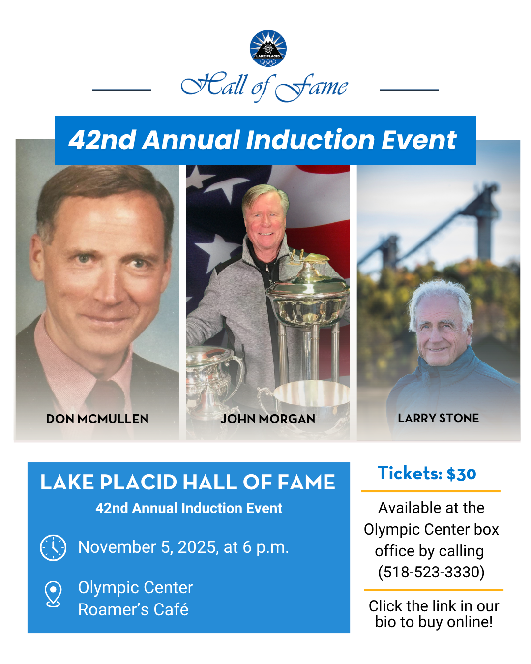 Flyer for 2025 Lake Placid Hall of Fame inductees with pictures of three inductees and induction event information