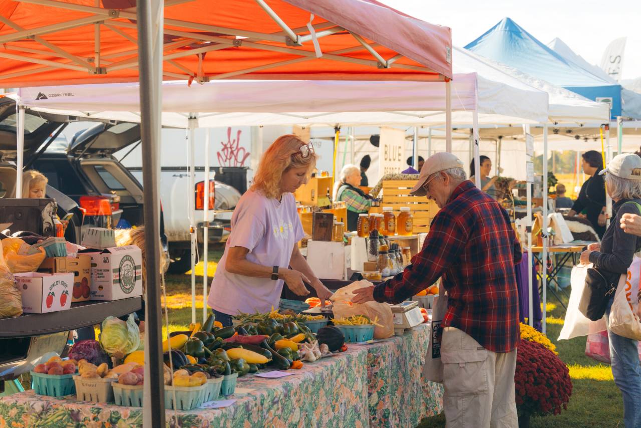 A man visits a stand at a farmer's market.