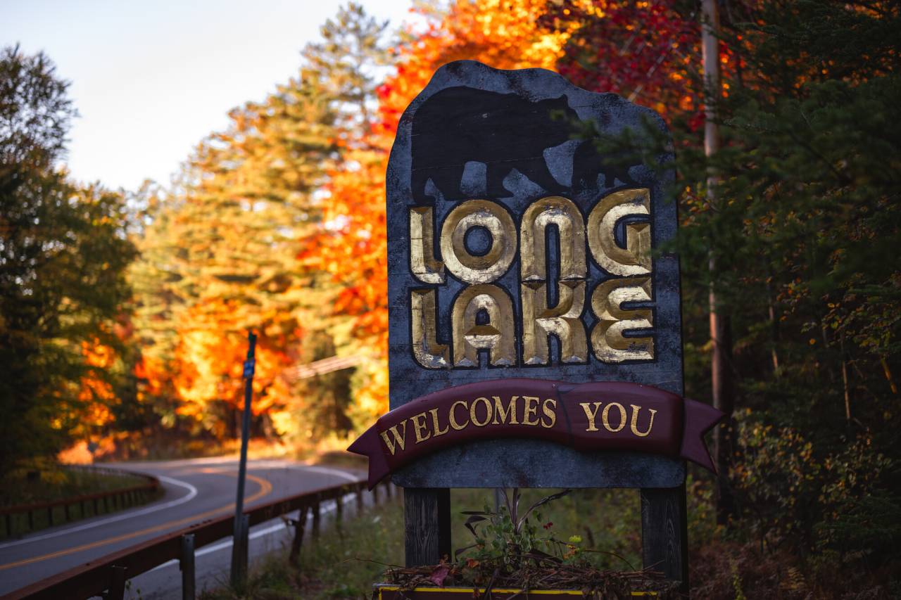 Signage for Long Lake in the fall.