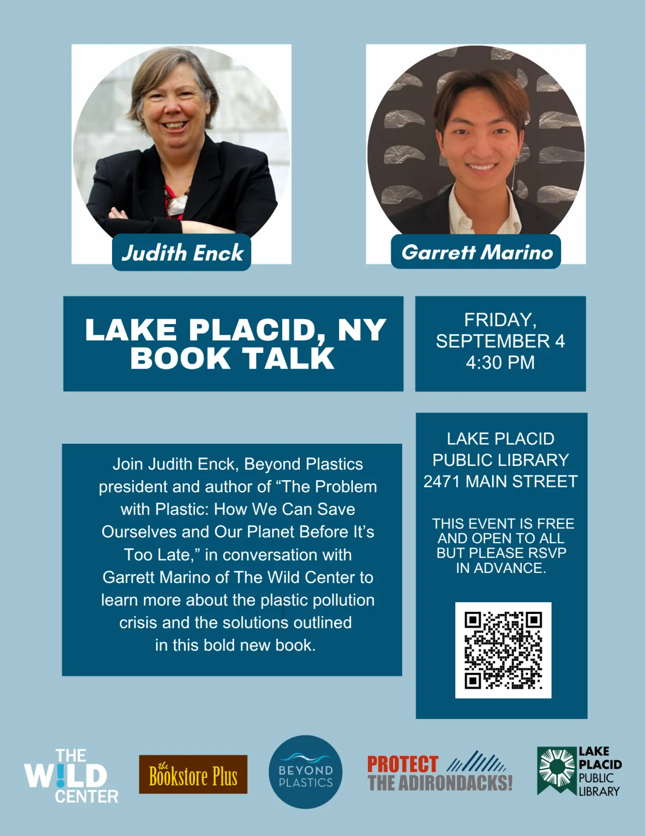 A flyer for Lake Placid Book Talk about The Problem with Plastic.