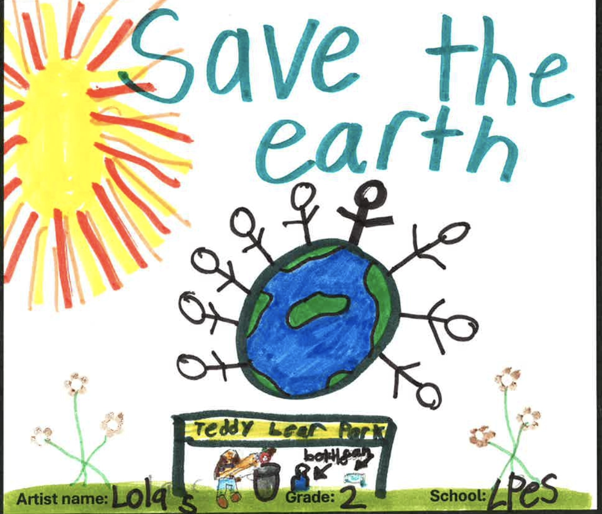 A student's colorful drawing titled "Save the earth" featuring a bright sun, flowers, and stick figures surrounding a globe.