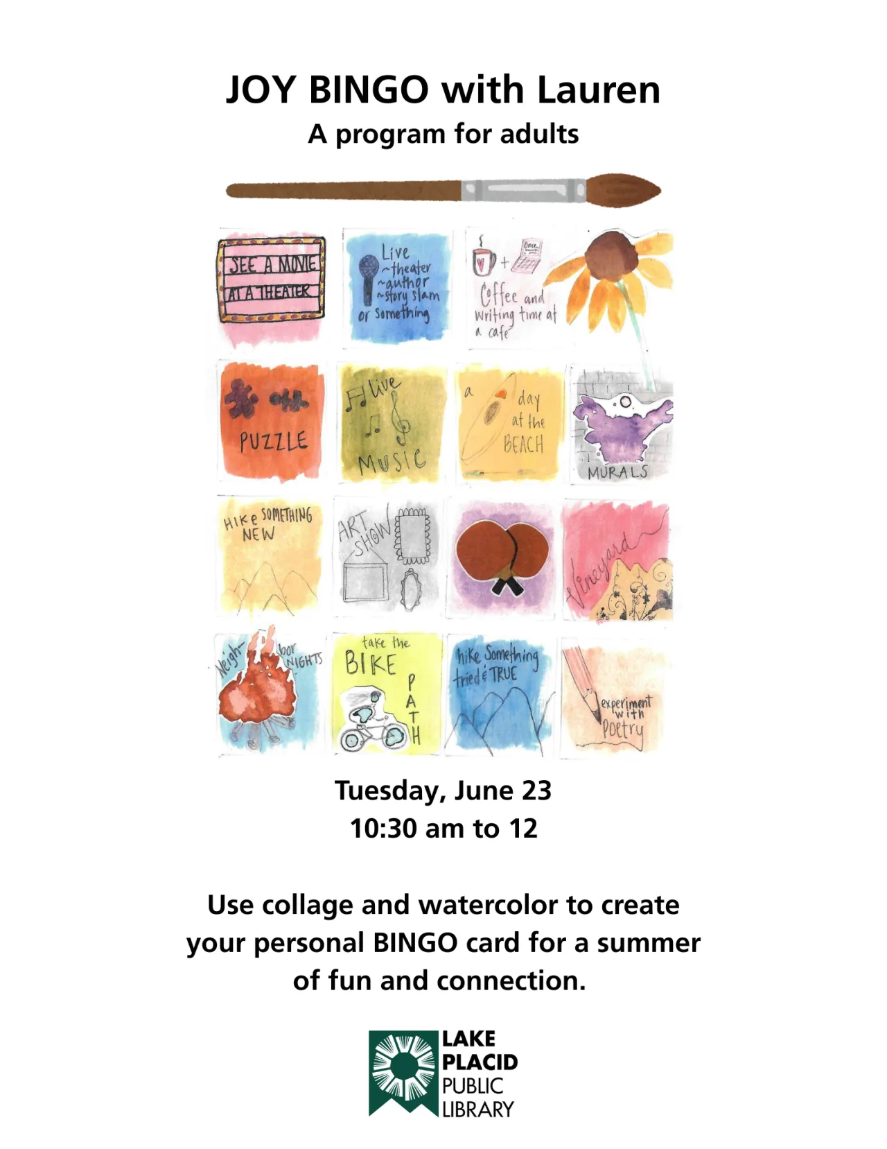 Flyer for Joy Bingo event at Lake Placid Public Library with watercolored bingo card and paintbrush