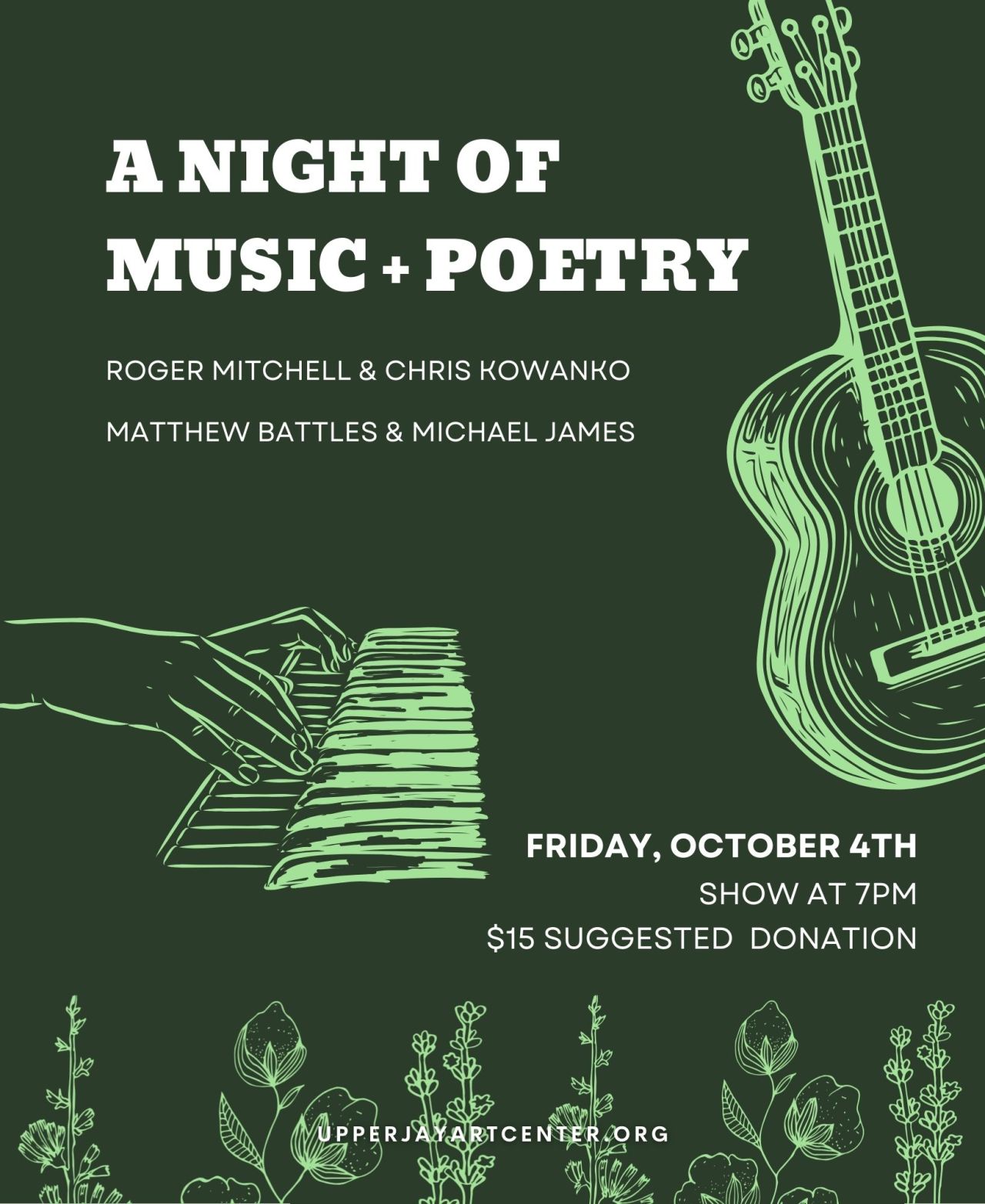 Music and poetry event poster for Upper Jay Art Center