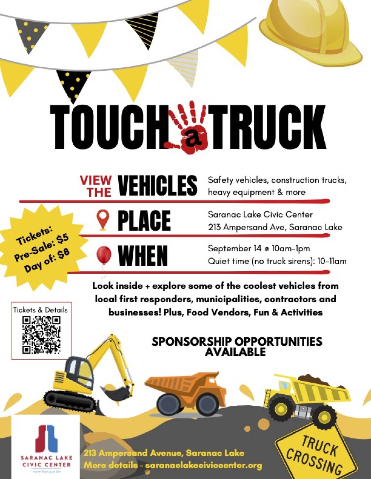 trucks at bottom of flyer with event details 