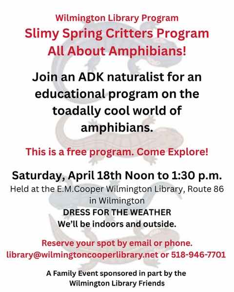 Poster with text info about Amphibians program at Wilmington Cooper Library
