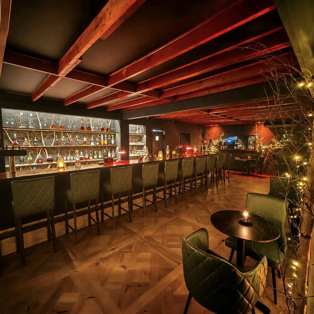 The interior of a rustic bar with white twinkle lights, exposed beam ceilings and a long bar.