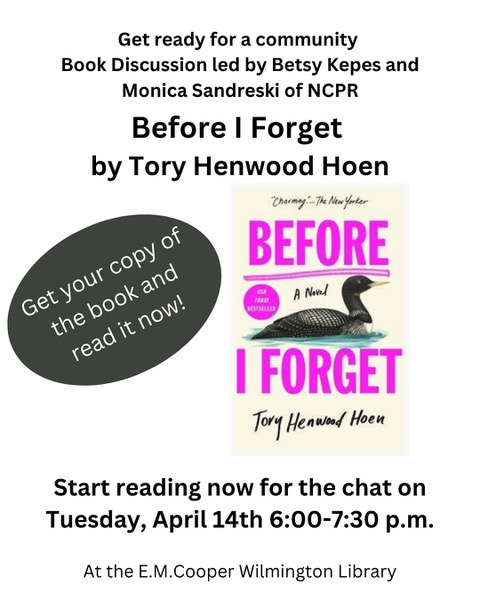 Poster for Before I Forget book discussion with cover of book featured