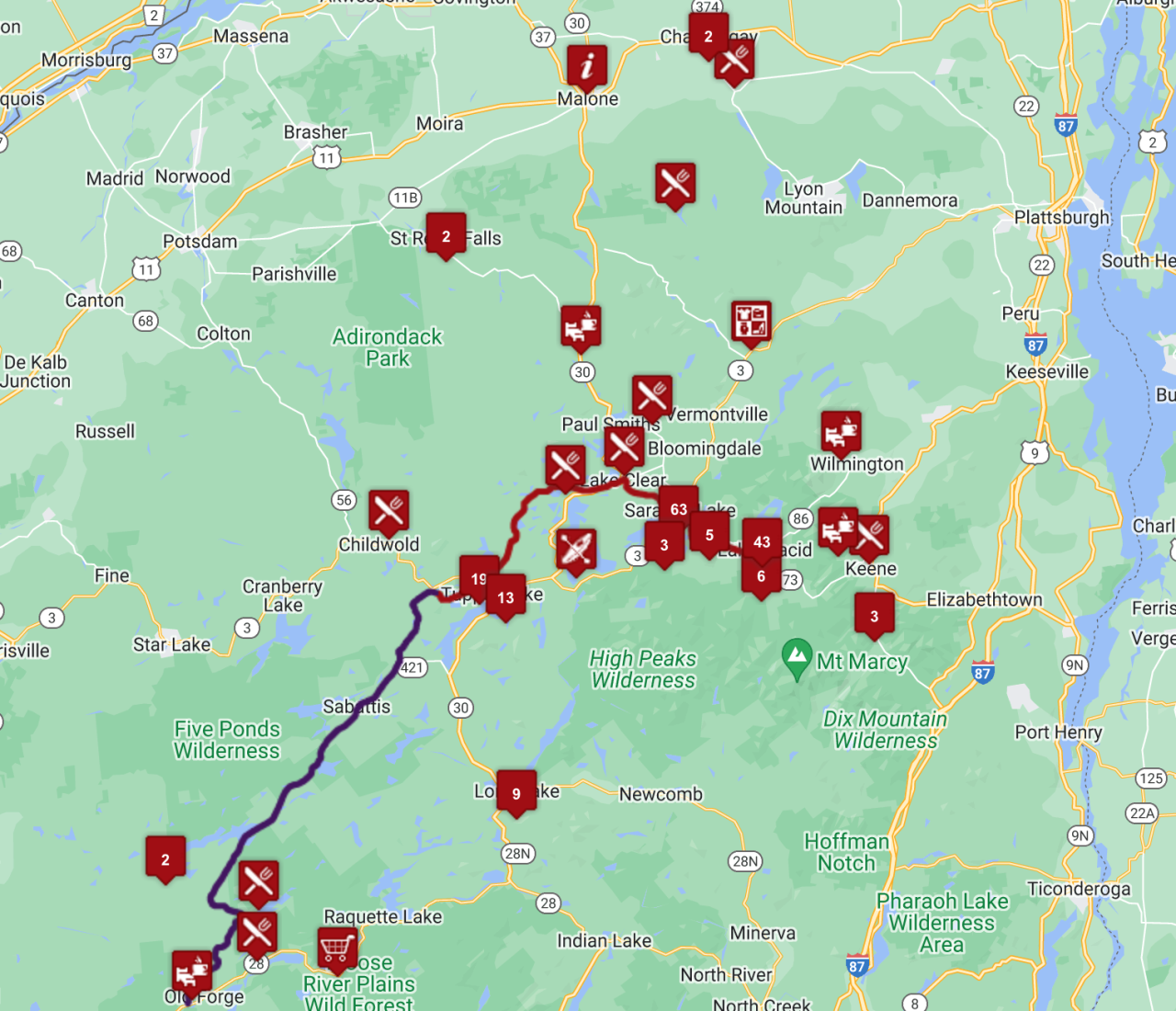 A map for a rail trail in the Adirondacks. 