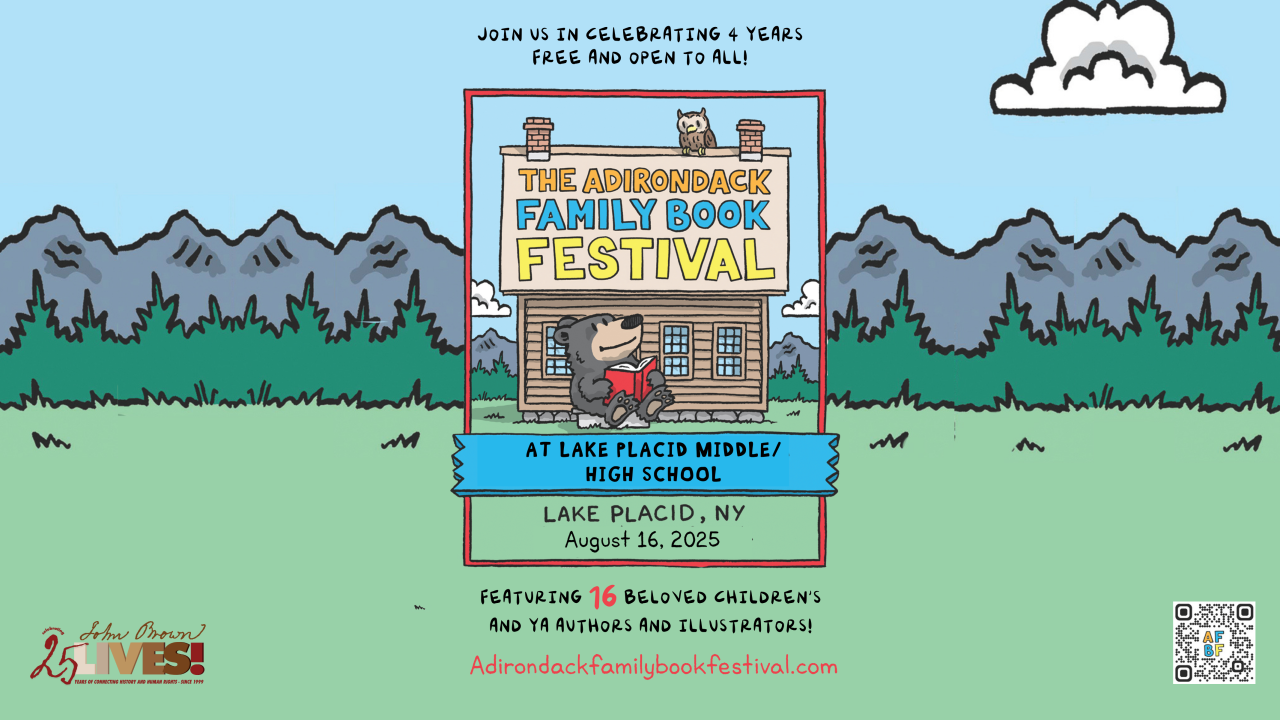 Graphic for 2025 Adirondack Family Book Festival that shows mountains, trees, grass, a bear reading a book, and text with event information
