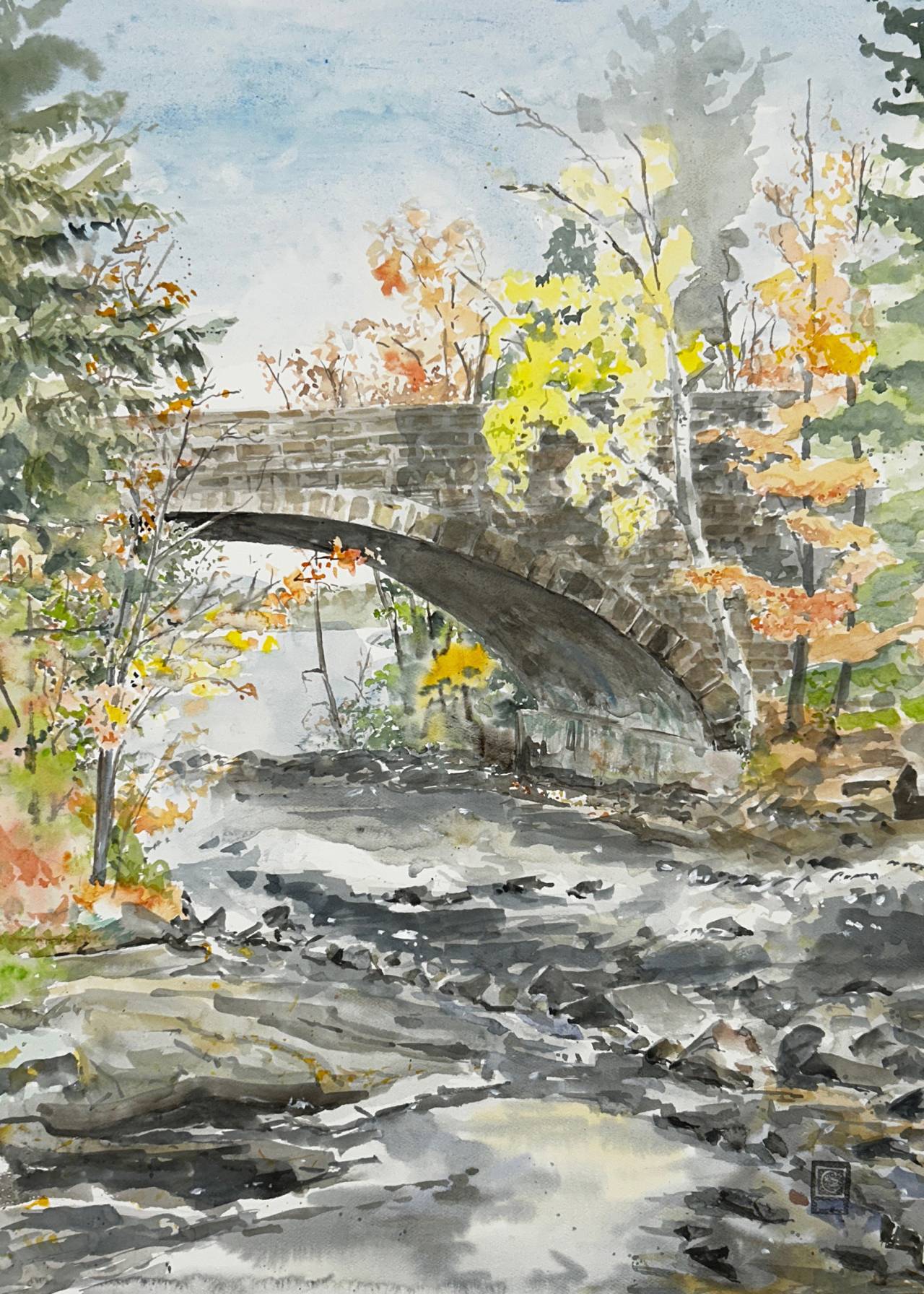 A plein air painting by Michael Burpoe of Bog River Falls.