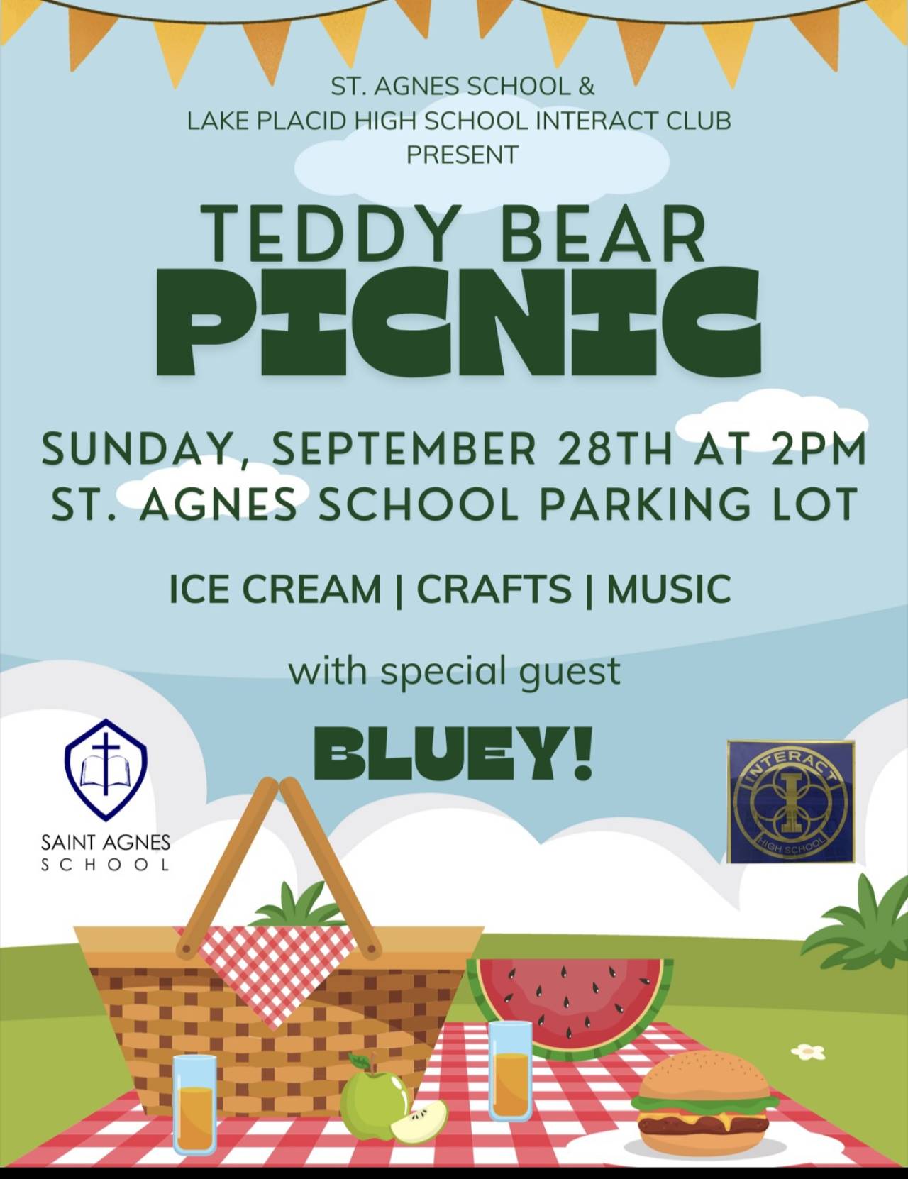 Teddy Bear Picnic poster with event details and graphic image of picnic