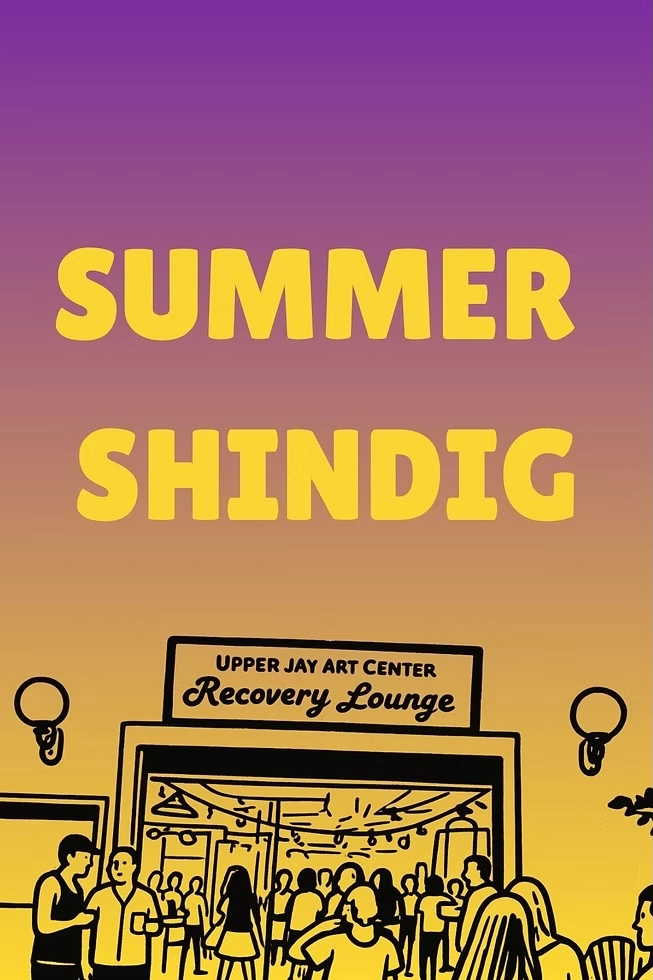 Upper Jay Art Center Summer Shindig poster with purple to yellow ombre and line drawing of people outside Recover Lounge