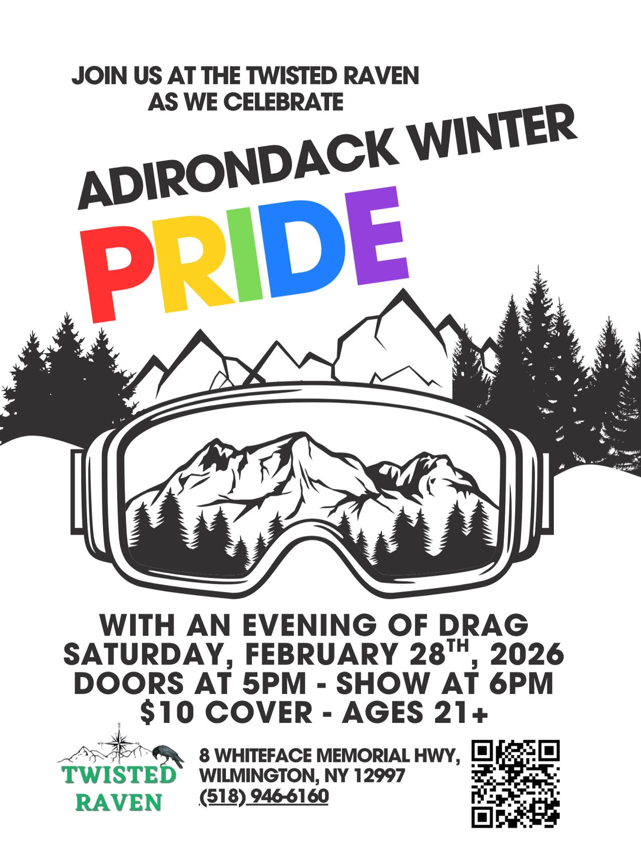Poster for Adirondack Winter Pride party and drag show at Twisted Raven