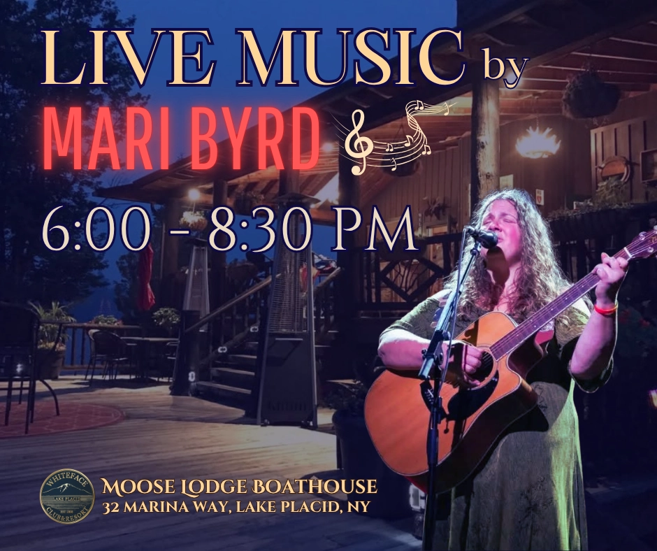Designed graphic of Mari Byrd playing guitar overlayed on image of Moose Lodge Boathouse