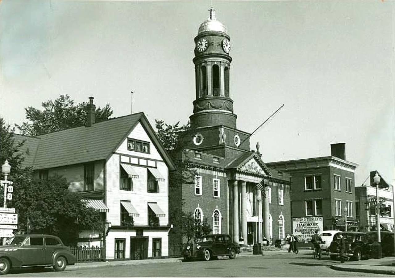 A historical photo of the Harrietstown Town Hall.