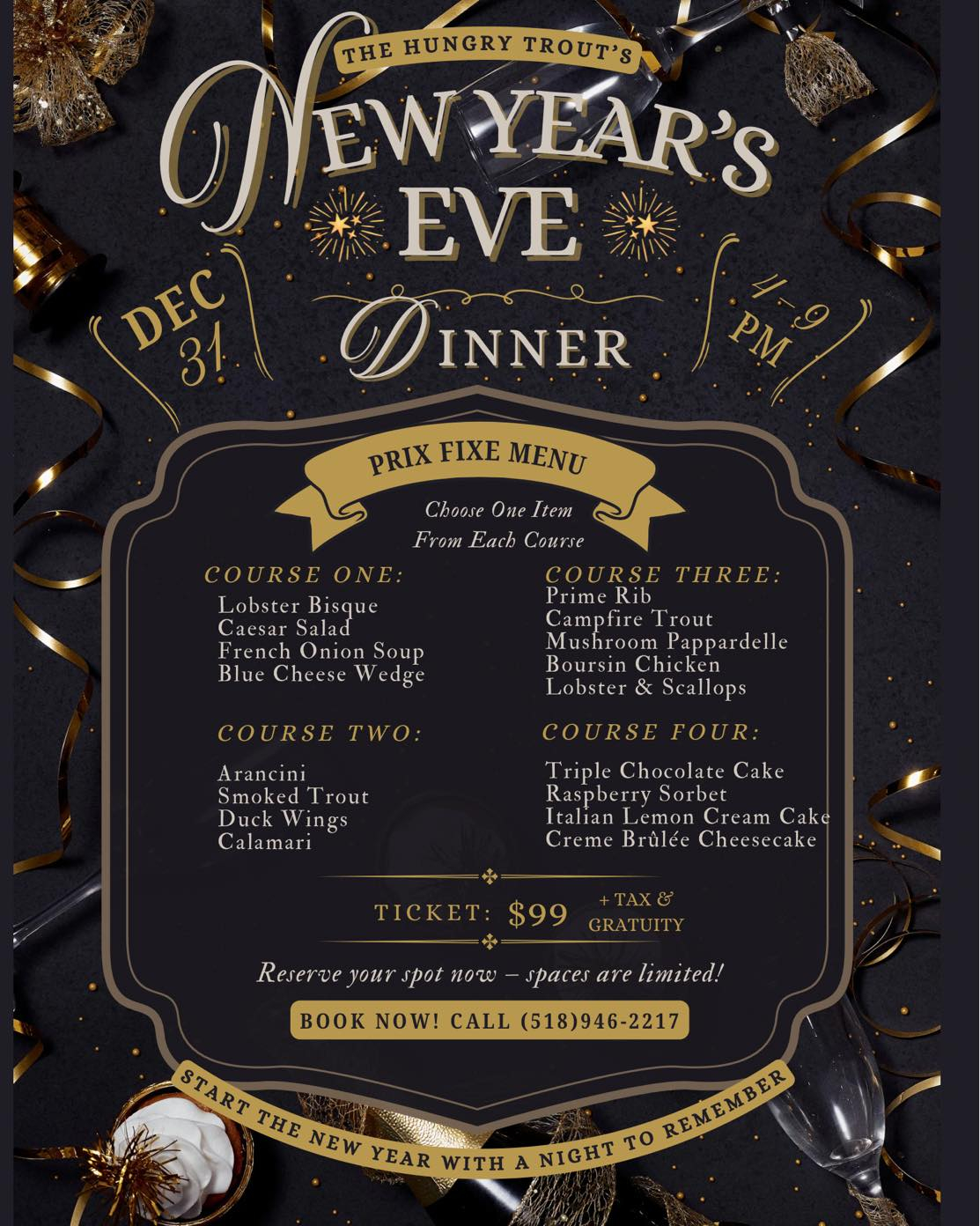 Flyer for Hungry Trout New Year's Eve Dinner