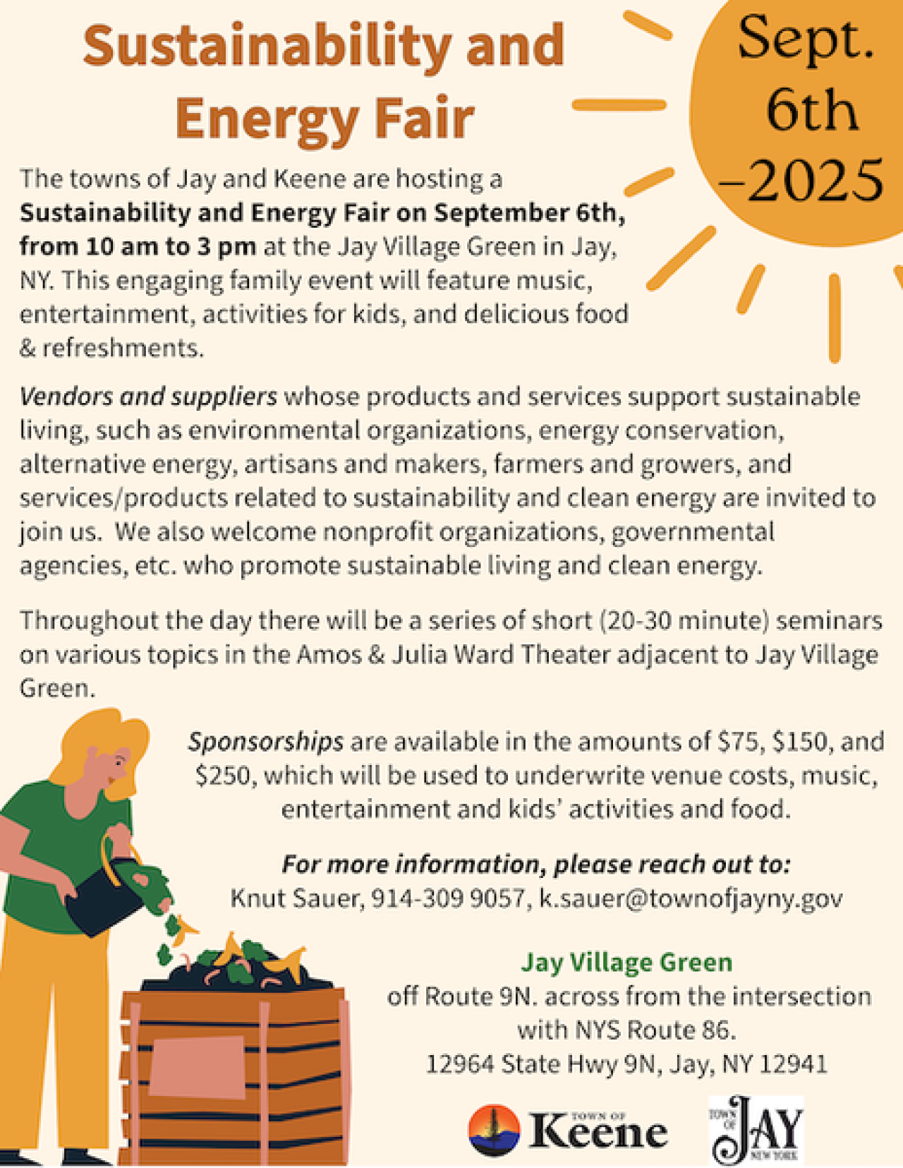 Informational poster for Jay & Keene Sustainability & Energy Fair on September 6, 2025